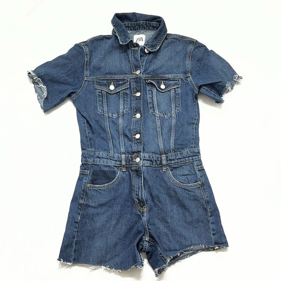 Zara Pants - Zara Denim Romper Frayed Raw Hem Short Sleeve Utility Playsuit